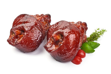 Bavarian roasted pork knuckle, glazed hock, oktoberfest dishes, isolated on white background
