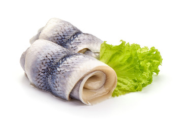 Fillet of pickled herring, isolated on white background