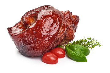 Bavarian roasted pork knuckle, glazed hock, oktoberfest dishes, isolated on white background