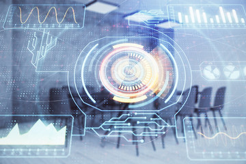 Double exposure of technlogy theme abstract hologram on conference room background. Concept of hightech