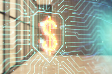 Double exposure of business theme hologram on empty room interior background. Business concept