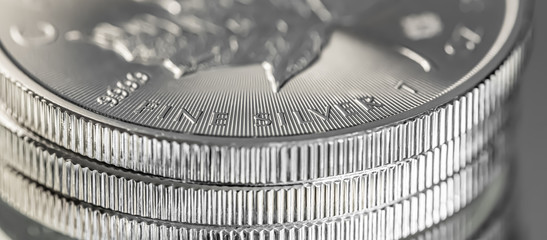 Macro Close up of a Silver Canadian Maple Leaf Bullion Coin