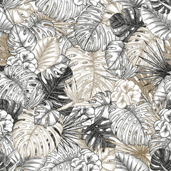 Exotic flowers and leaves  seamless pattern. Tropical forest. Silver and gold color. Tropical style. Vector illustration
