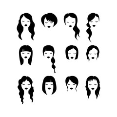 Female haircut silhouette black vector set. Pretty woman hairstyle icons for hair salon.