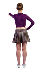 Back view of a woman points his hand upwards.