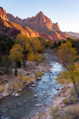 Virgin River Valley and sunlit mountains in Zion National Park