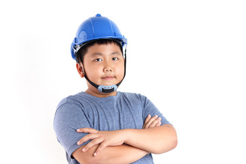 An Asian boy wearing a blue helmet wants to be an electrical engineer. White background