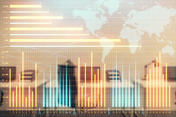 Fototapeta premium Stock and bond market graph and world map with trading desk bank office interior on background. Multi exposure. Concept of international finance