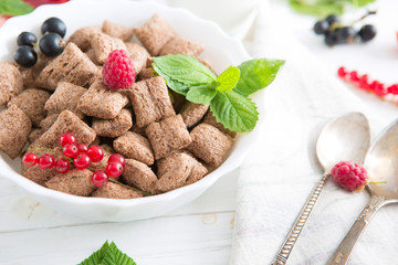 Cornflakes and different Berries Healthy tasty breakfast chocolate square pads with strawberries, raspberries, black currants and red currants.