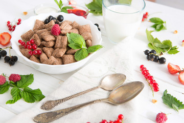 chocolate cereal pads with berries in bowl Healthy tasty breakfast chocolate square pads with strawberries, raspberries, black currants and red currants.