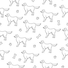 Seamless pattern with black contour of cartoon labrador retriever dogs on white