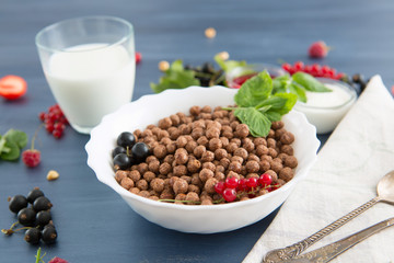 Healthy breakfast ingredients. Healthy tasty breakfast chocolate balls with strawberries, raspberries, black currants and red currants.