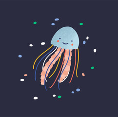 Charming smiling jellyfish isolated on dark background © Good Studio