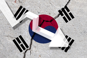 South Korea Flag on the cracked wall with arrow falling down. Concept of decrease in the country.