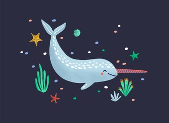 Funny smiling narwhal isolated on dark background. Happy ocean animal, joyful wild marine mammal, pretty sea world dweller, cute underwater creature. Flat cartoon childish vector illustration. © Good Studio