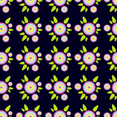 Seamless endless vector pattern. Simple abstract design. Little cute round geometric  tea flowers with leaves on black background. Bright  festive colors, perfect for textile, fabric, wallpaper