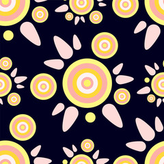 Seamless endless vector pattern. Simple abstract design. Little cute round geometric  tea flowers with leaves on black background. Bright  festive colors, perfect for textile, fabric, wallpaper