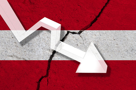 Austria Flag on the cracked wall with arrow falling down. Concept of decrease in the country.
