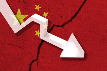 China Flag on the cracked wall with arrow falling down. Concept of decrease in the country.