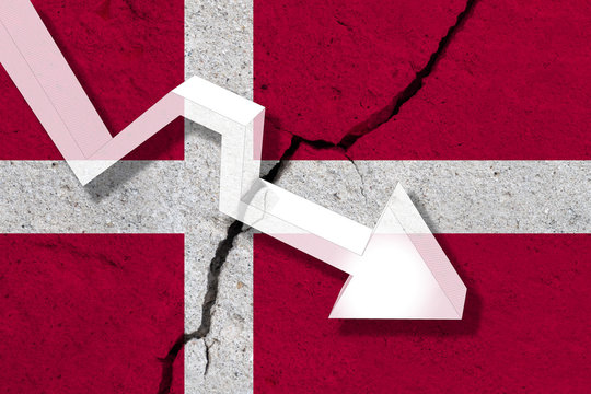 Denmark Flag on the cracked wall with arrow falling down. Concept of decrease in the country.