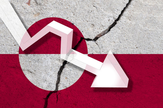 Greenland Flag on the cracked wall with arrow falling down. Concept of decrease in the country.