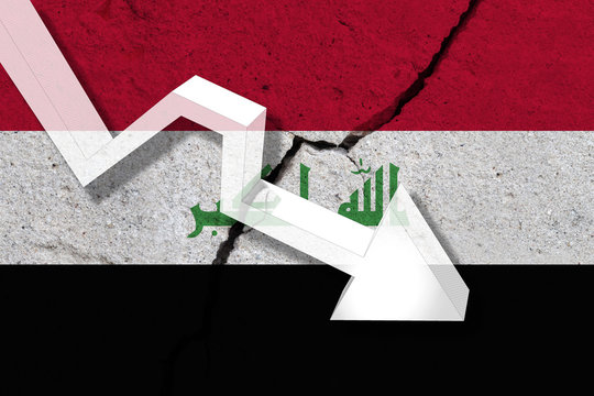 Iraq Flag on the cracked wall with arrow falling down. Concept of decrease in the country.