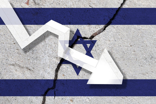 Israel Flag on the cracked wall with arrow falling down. Concept of decrease in the country.