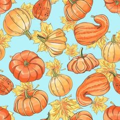 Seamless pattern with hand drawn pumpkin and leaves