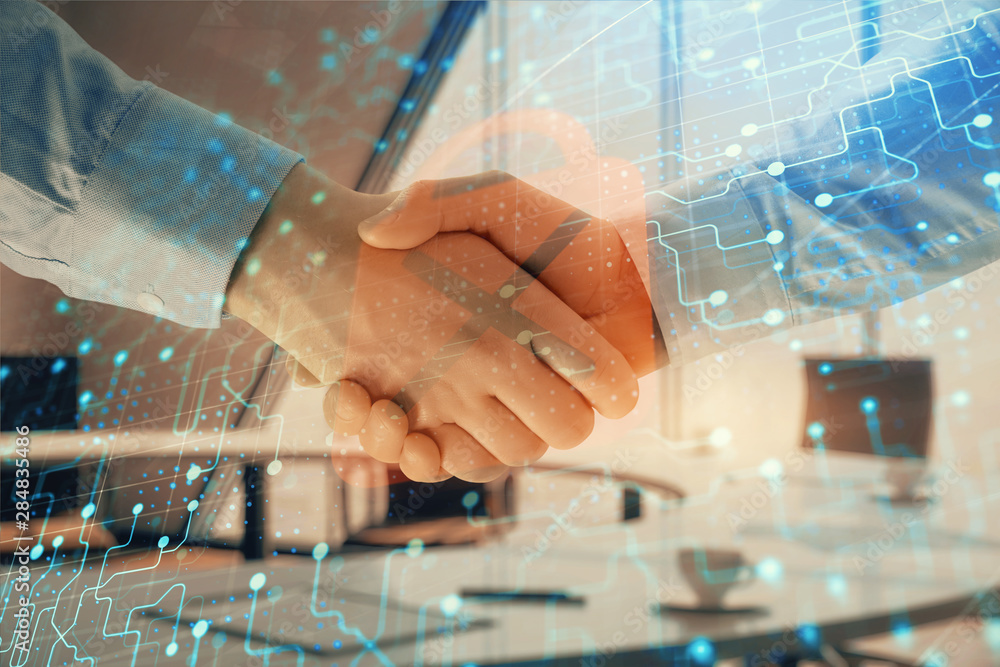 Poster double exposure of lock icon hologram on office background with two men handshake. concept of data s