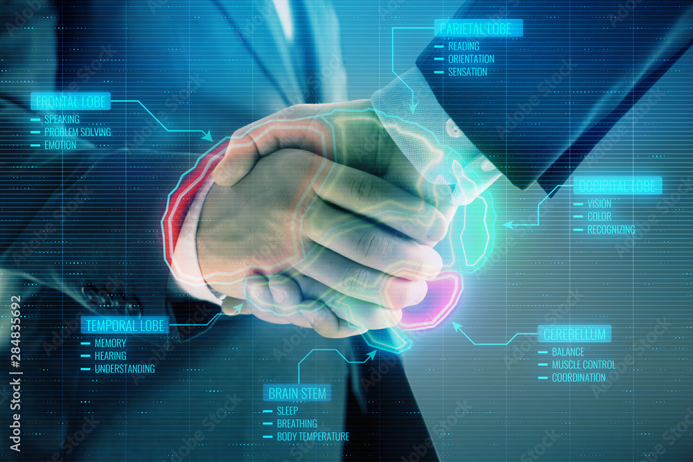 Poster multi exposure of brain drawing on abstract background with two men handshake. concept of education