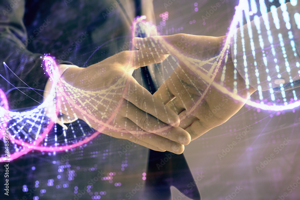 Poster multi exposure of dna hologram on abstract background with two men handshake. concept of bioengineer