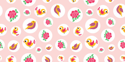 Vector birds and roses on white circle seamless
