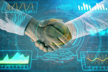 Double exposure of tech drawing on abstract background with two men handshake. Concept of...