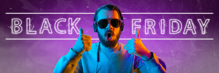 Black friday, sales concept. Neon lighted letters on gradient background. Astonished man pointing....
