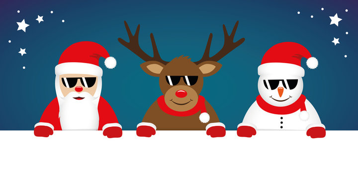 cute reindeer santa claus and snowman cartoon with sunglasses for christmas vector illustration EPS10