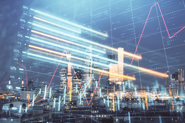 Double exposure of financial chart on Moscow city downtown background. Concept of stock market analysis