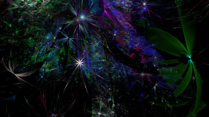 Obraz na płótnie Canvas Abstract fractal background with a large star like space flowers intricate decorative stars, all in glowing purple,pink, green