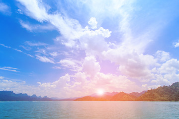 Lakes, mountains, sky. thailand on sunset background