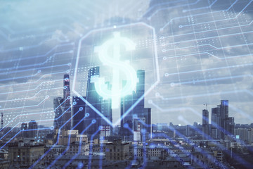 Double exposure of business drawing hologram on cityscape background.