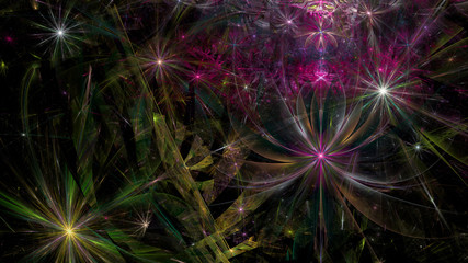 Fototapeta na wymiar Abstract fractal background with a large star like space flowers intricate decorative stars, all in glowing purple,pink, green