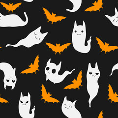 Vector seamles Halloween pattern with white cute hand draw cats ghost and orange bats silhouette on dark grey background for textile, wrapping or wallpapper