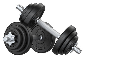 Two of black rubber metal Dumbbell with copy space. 3d rendering illustration isolated on white background. Gym, fitness and sports equipment symbol.