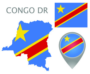 Colorful flag, map pointer and map of Democratic Republic of the Congo in the colors of the DR Congo flag. High detail. Vector illustration