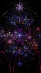 Abstract fractal background with a large star like space flowers intricate decorative stars, all in glowing colors