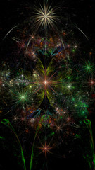 Fototapeta na wymiar Abstract fractal background with a large star like space flowers intricate decorative stars, all in glowing orange,green,pink