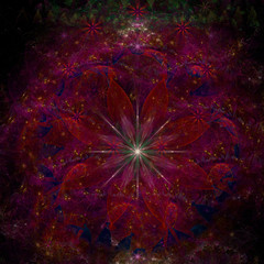 Abstract fractal background with a large star like space flowers intricate decorative stars, all in glowing red,green,violet
