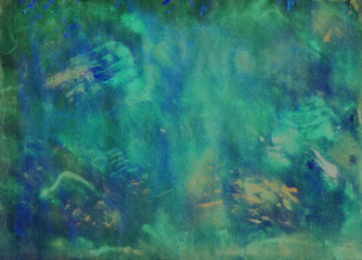 Hand-drawn abstract background. Colorful image with curves, brush strokes of paint, patterns, fading, spots, and the effect of the fuzzy texture of the paper. Main colors-green, blue, yellow