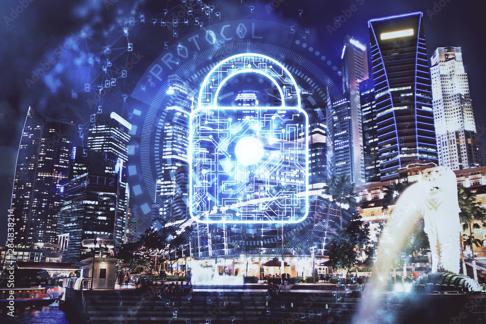 Poster Lock icon hologram on city view with skyscrapers background multi exposure. Data security concept.