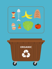 Trash dumpster for recyclable organic waste. Brown container, food remains. Recycling organic waste,compost,segregate waste,sorting garbage, eco friendly, concept. Blue background. Vector illustration