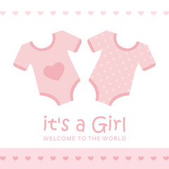 its a girl welcome greeting card for childbirth with bodysuit vector illustration EPS10